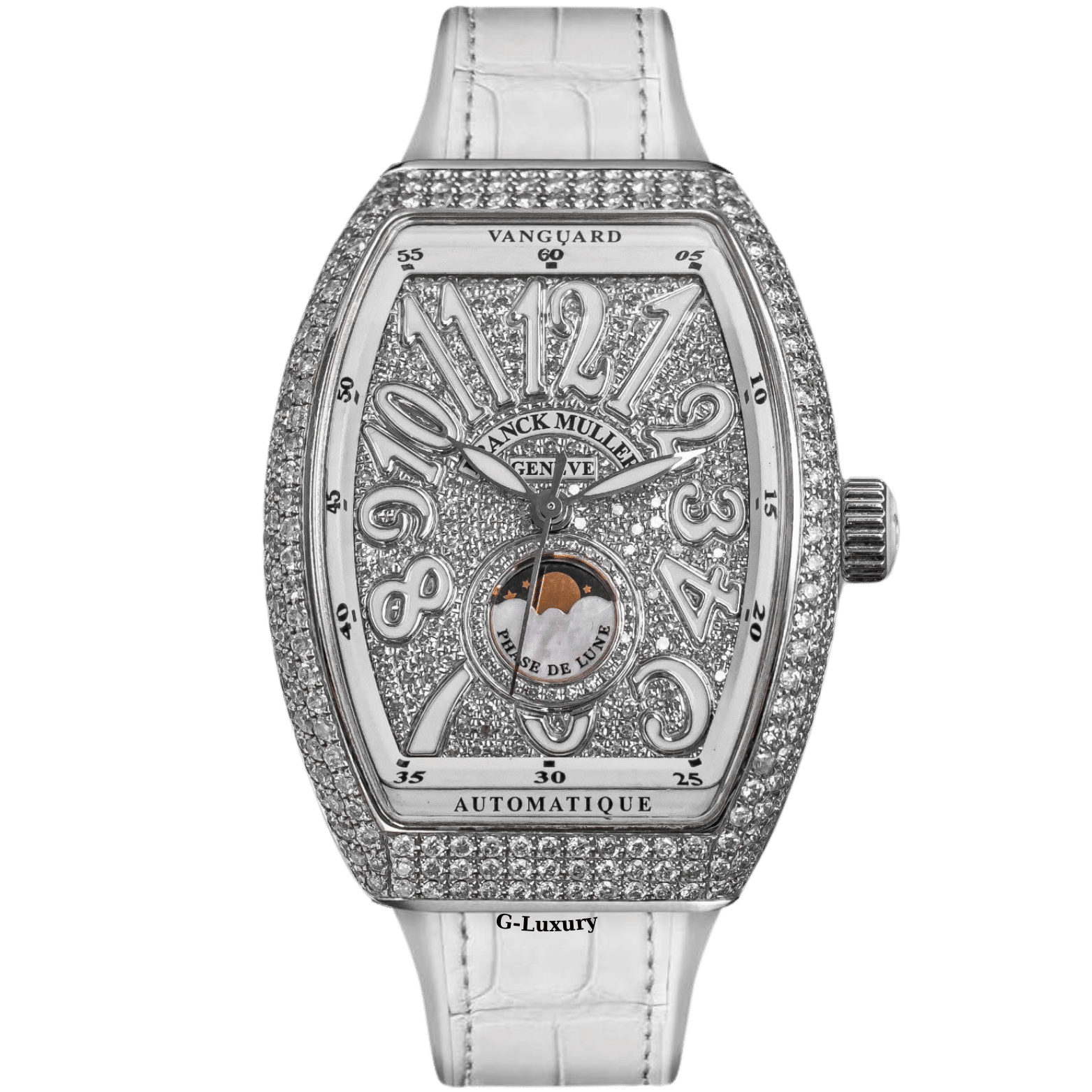Franck Muller Vanguard V32 Moonphase White Dial Customs Full Pave Diamonds