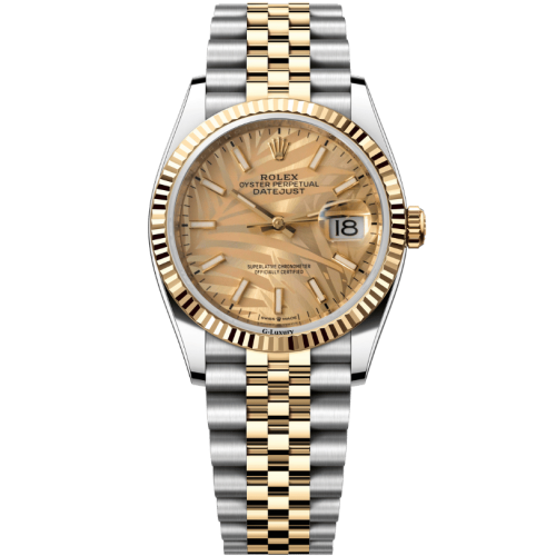 Rolex Datejust 36 126233-0037 Mặt Số Cây Lá Nhiệt Đới Vàng Champagne Cọc Số Dạ Quang