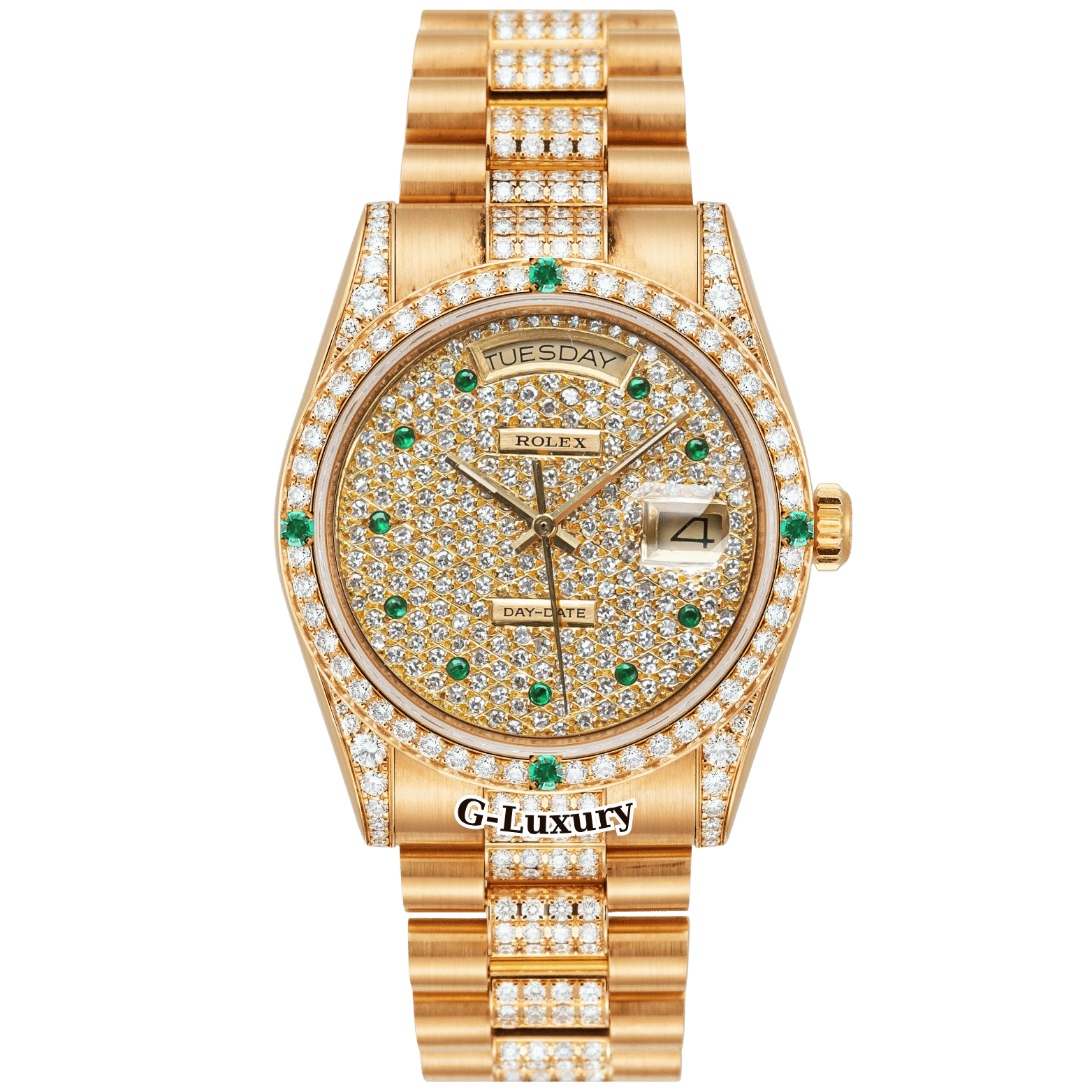 Rolex Day-Date 36mm – Ref. 18038 Full Diamond Cọc số ngọc lục bảo