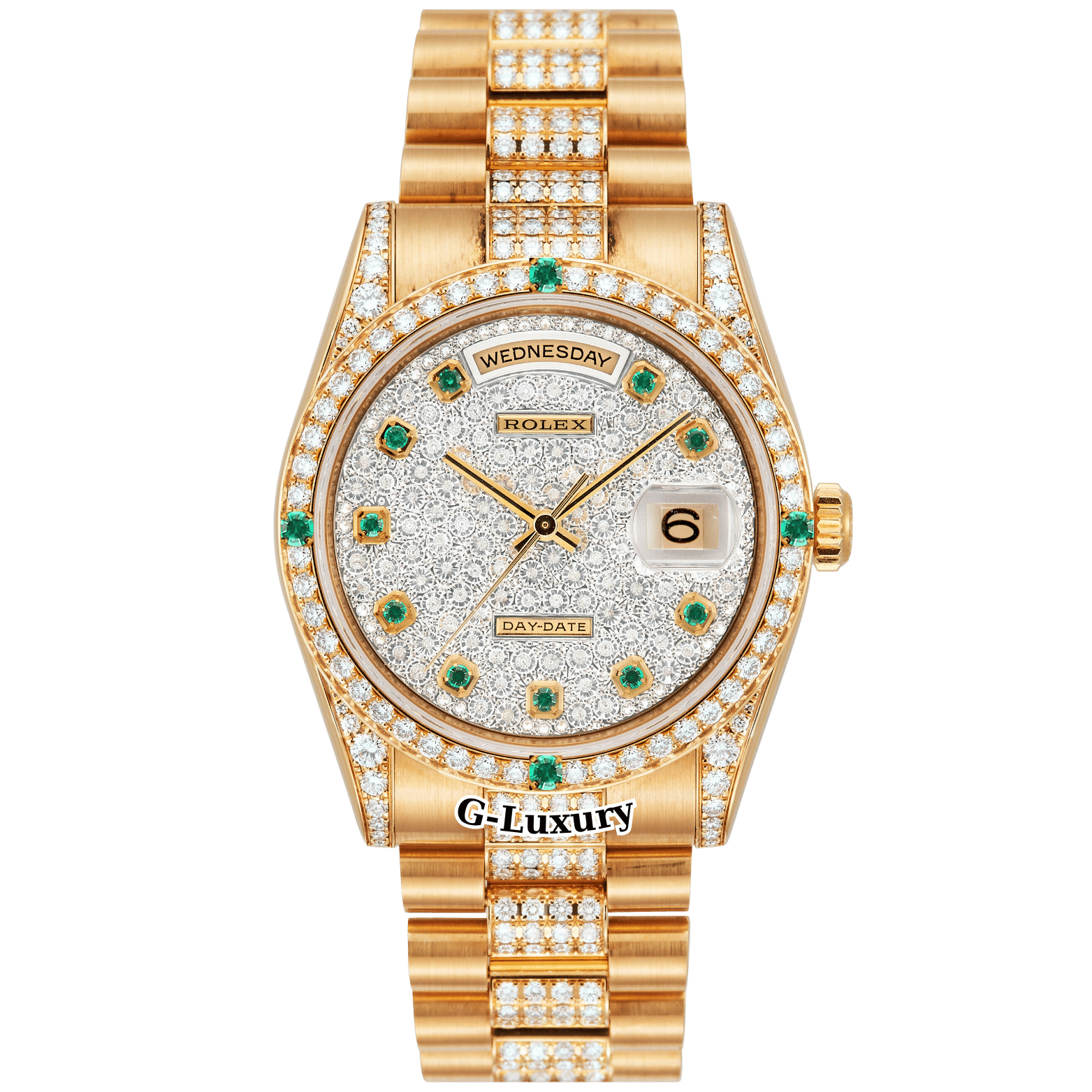 Rolex Day-Date 36mm – Ref. 18038 Full Diamond Cọc số ngọc lục bảo