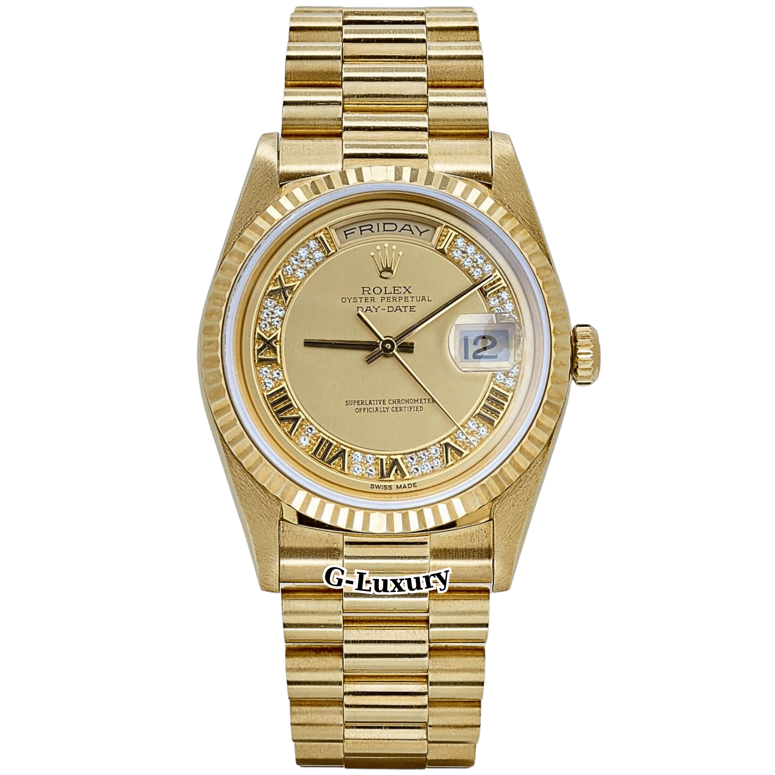 Rolex Oyster Perpetual Day-Date 36mm 18K Yellow Gold Champagne Roman Diamond Dial – Ref. 18238