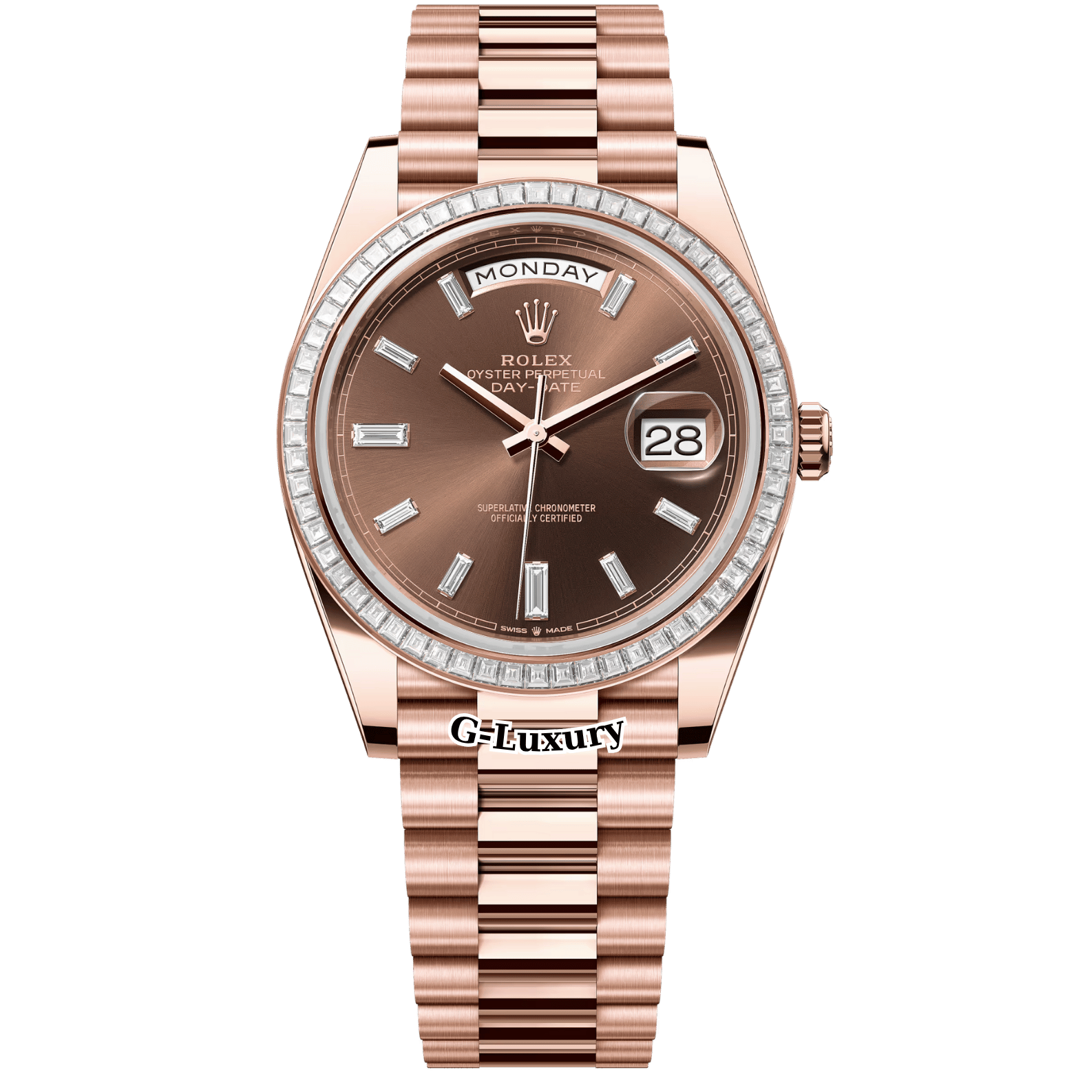 Rolex Oyster Perpetual Day-Date 40mm 228235 Everose Gold Chocolate Dial – Custom Baguette Diamond Bezel