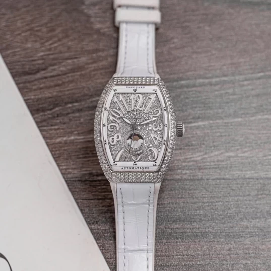 Franck Muller Vanguard V32 Moonphase White Dial Customs Full Pave Diamonds