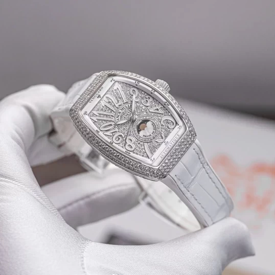 Franck Muller Vanguard V32 Moonphase White Dial Customs Full Pave Diamonds