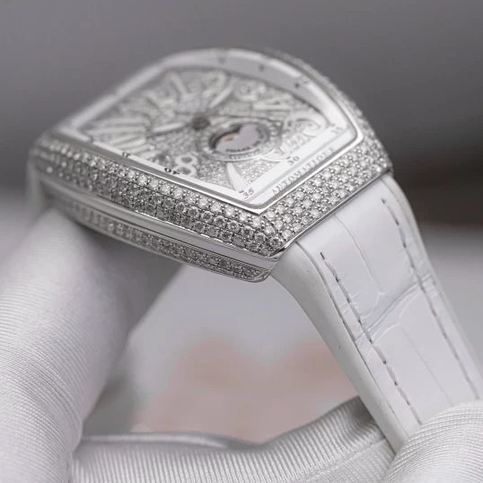 Franck Muller Vanguard V32 Moonphase White Dial Customs Full Pave Diamonds