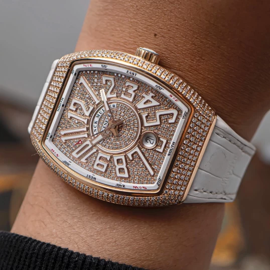 Franck Muller V41 White Dial 18K Rose Gold Full Custom kim cương tự nhiên