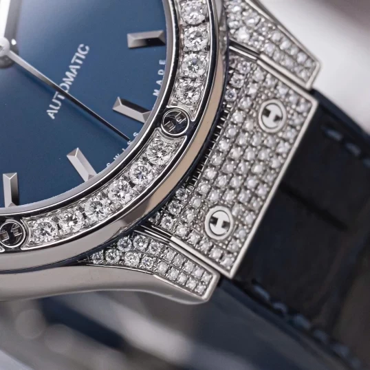 Hublot Classic Fusion 38mm Blue Dial 565.NX.7170.LR Custom Full Diamond Pave