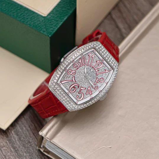 Franck Muller Vanguard V32 Lady Quartz Custom Diamond Pave Red Dial