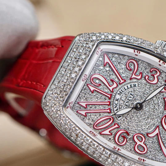 Franck Muller Vanguard V32 Lady Quartz Custom Diamond Pave Red Dial