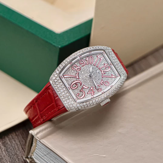 Franck Muller Vanguard V32 Lady Quartz Custom Diamond Pave Red Dial