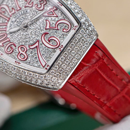 Franck Muller Vanguard V32 Lady Quartz Custom Diamond Pave Red Dial
