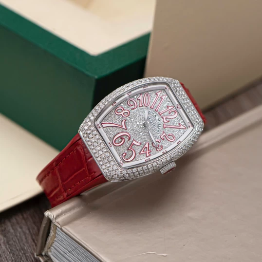 Franck Muller Vanguard V32 Lady Quartz Custom Diamond Pave Red Dial