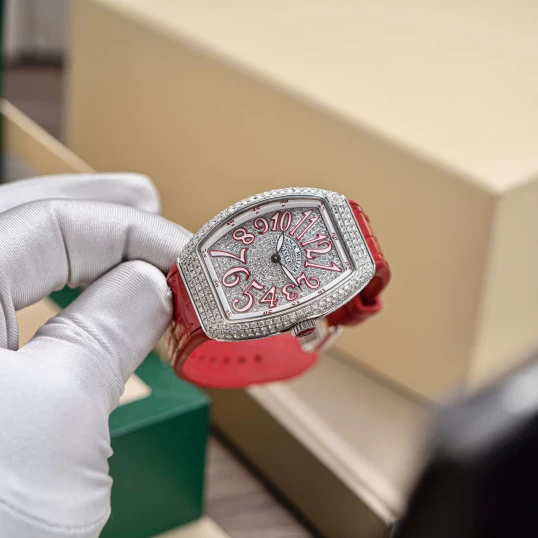 Franck Muller Vanguard V32 Lady Quartz Custom Diamond Pave Red Dial