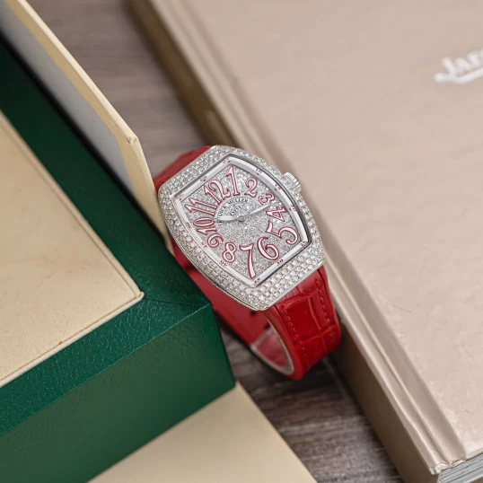Franck Muller Vanguard V32 Lady Quartz Custom Diamond Pave Red Dial