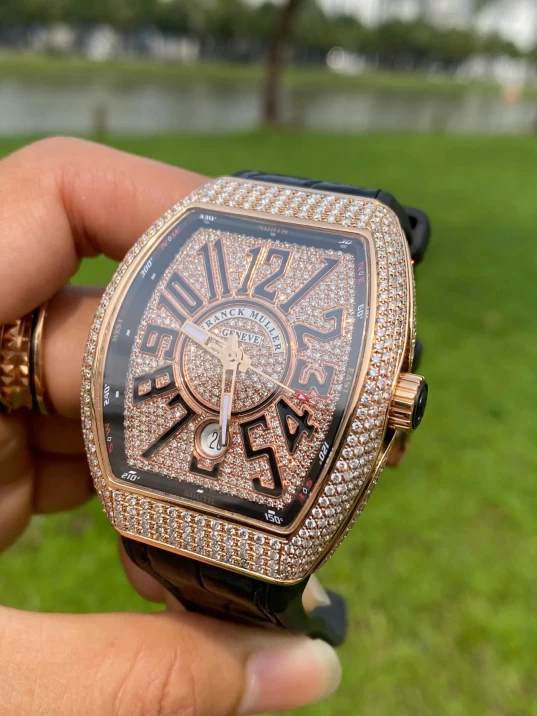 Franck Muller Yachting V41 SC DT 18K Rose Gold Custom Full Diamonds Black Dial