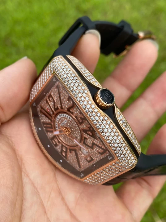 Franck Muller Yachting V41 SC DT 18K Rose Gold Custom Full Diamonds Black Dial