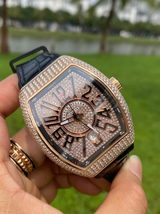 Franck Muller Yachting V41 SC DT 18K Rose Gold Custom Full Diamonds Black Dial