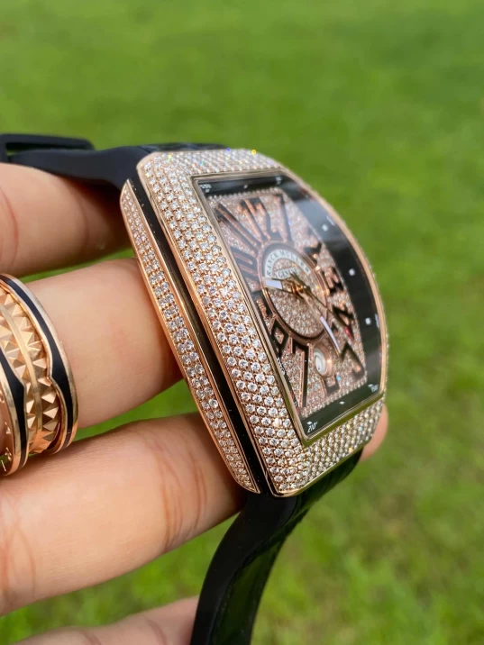 Franck Muller Yachting V41 SC DT 18K Rose Gold Custom Full Diamonds Black Dial