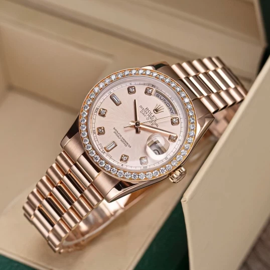 Rolex Oyster Perpetual Day-Date 36mm Ref. 118235 Sundust Dial – Custom Diamond Bezel