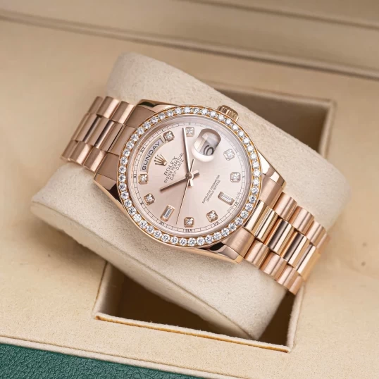 Rolex Oyster Perpetual Day-Date 36mm Ref. 118235 Sundust Dial – Custom Diamond Bezel