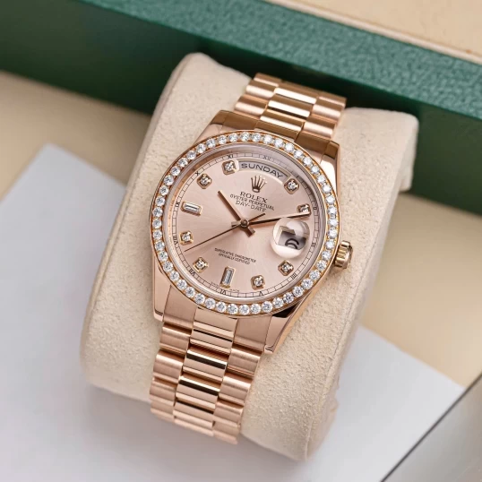 Rolex Oyster Perpetual Day-Date 36mm Ref. 118235 Sundust Dial – Custom Diamond Bezel