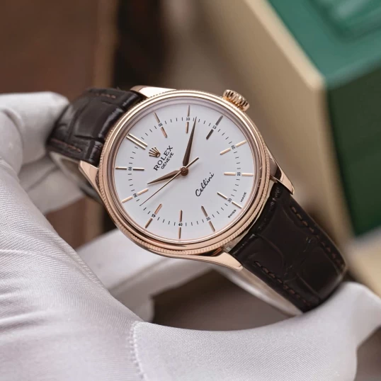 Rolex Cellini Time 39mm Rose Gold White Brown Strap 50505-0020