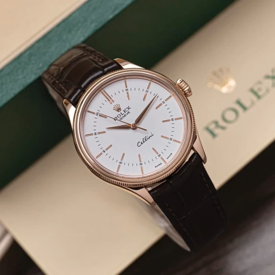 Rolex Cellini Time 39mm Rose Gold White Brown Strap 50505-0020