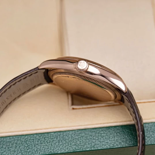 Rolex Cellini Time 39mm Rose Gold White Brown Strap 50505-0020