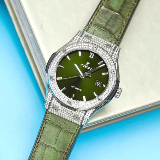 Hublot Classic Fusion Titanium Green 42mm Ref. 542.NX.8970.LR Custom Full Pave Diamonds