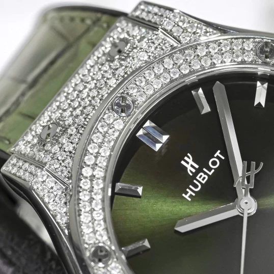Hublot Classic Fusion Titanium Green 42mm Ref. 542.NX.8970.LR Custom Full Pave Diamonds
