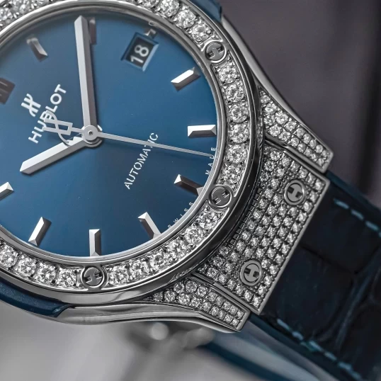 Hublot Classic Fusion 38mm Blue Dial Ref. 565.NX.7170.LR - Custom Full Diamond Pave