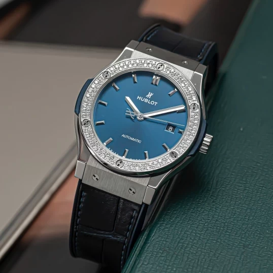 Hublot Classic Fusion Titanium Blue 42mm Ref. 542.NX.7170.LR Custom Diamond Bezel