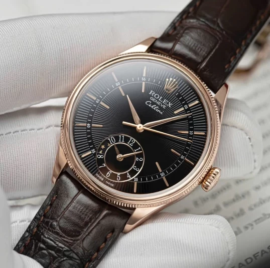 Rolex Cellini Dual Time Rose Gold Black Dial 39mm - 50525