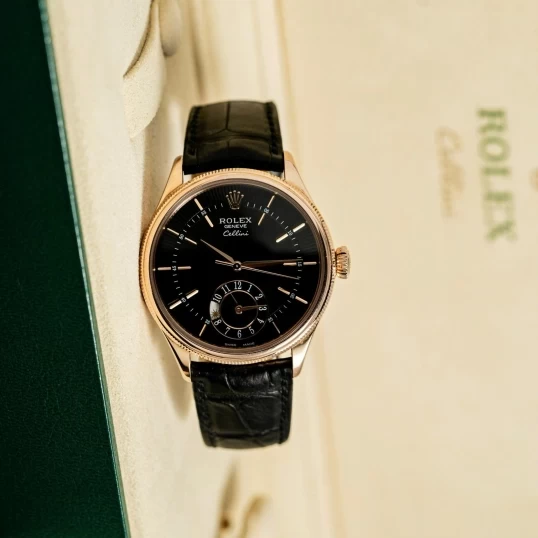 Rolex Cellini Dual Time Rose Gold Black Dial 39mm - 50525