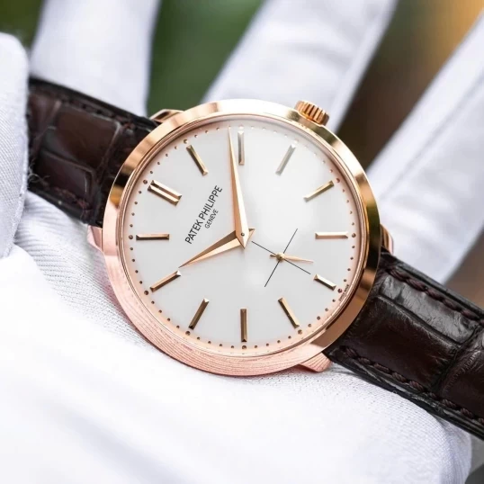 Patek Philippe Calatrava Silver Dial 18k Rose Gold Brown Leather Mens Watch 5123R-001