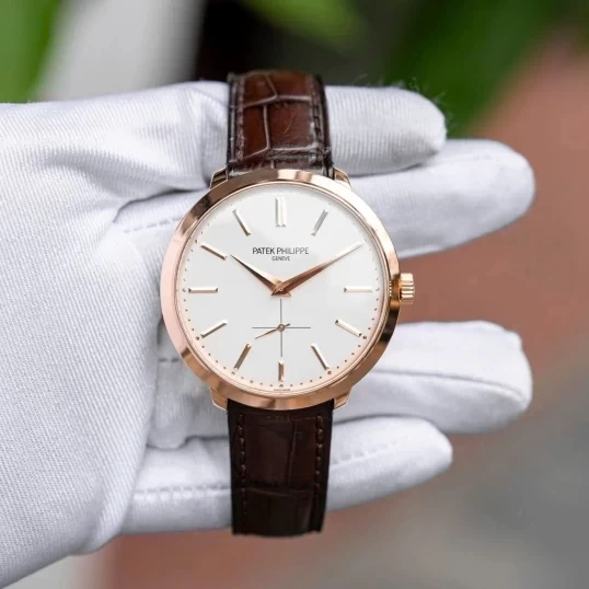 Patek Philippe Calatrava Silver Dial 18k Rose Gold Brown Leather Mens Watch 5123R-001