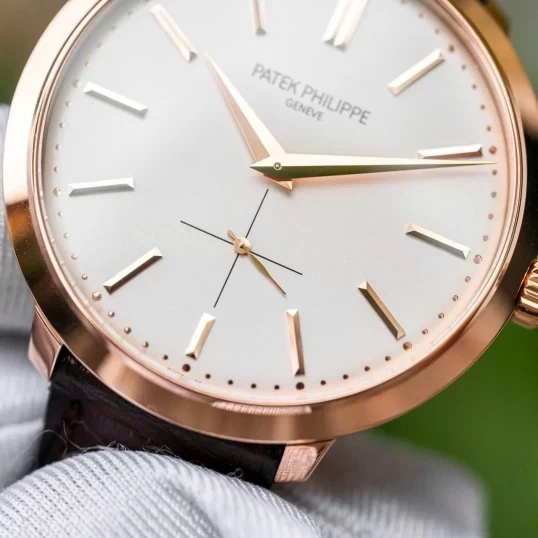 Patek Philippe Calatrava Silver Dial 18k Rose Gold Brown Leather Mens Watch 5123R-001