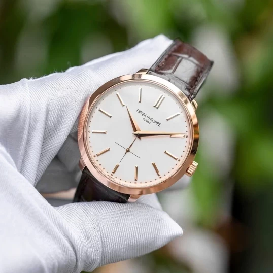 Patek Philippe Calatrava Silver Dial 18k Rose Gold Brown Leather Mens Watch 5123R-001