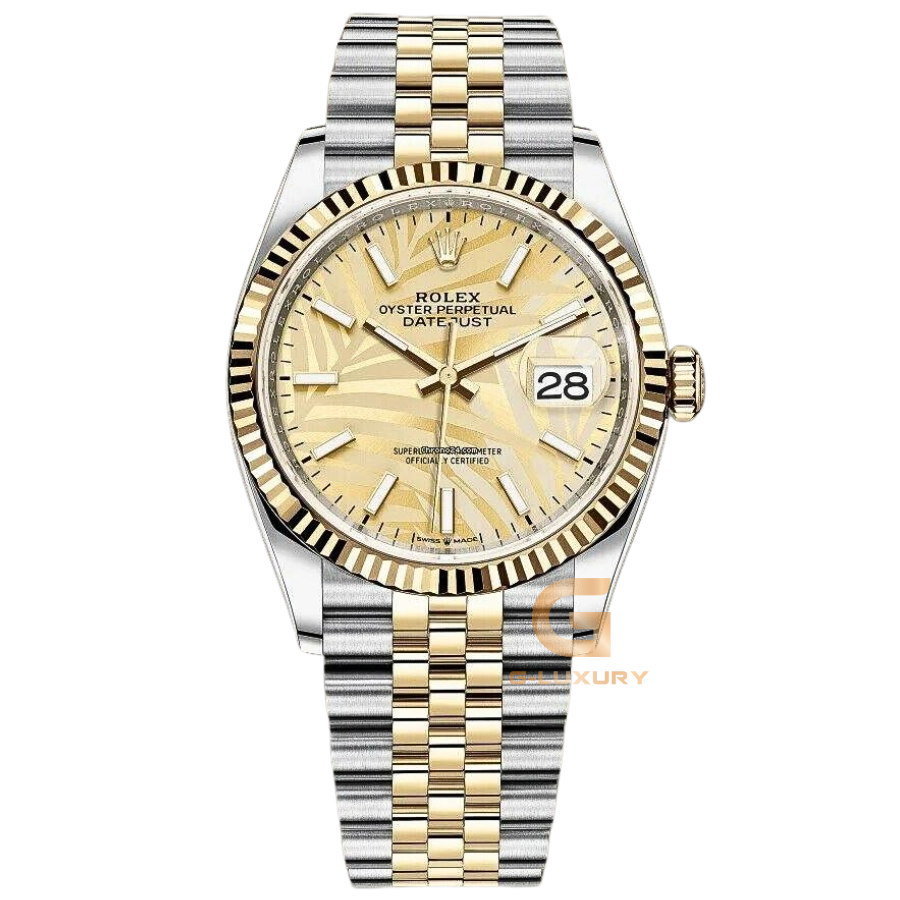 Đồng hồ Rolex Datejust 36 126233-0037 Mặt Số Cây Lá Nhiệt Đới Vàng Champagne Cọc Số Dạ Quang